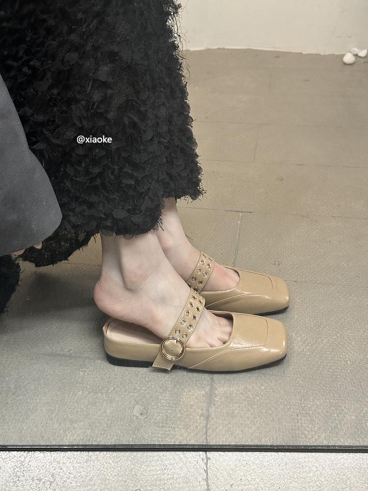 XINZHOU inner height increase square head Mary Jane shoes women's new 2025 bag head flat bottom half slippers outer wear cool slippers