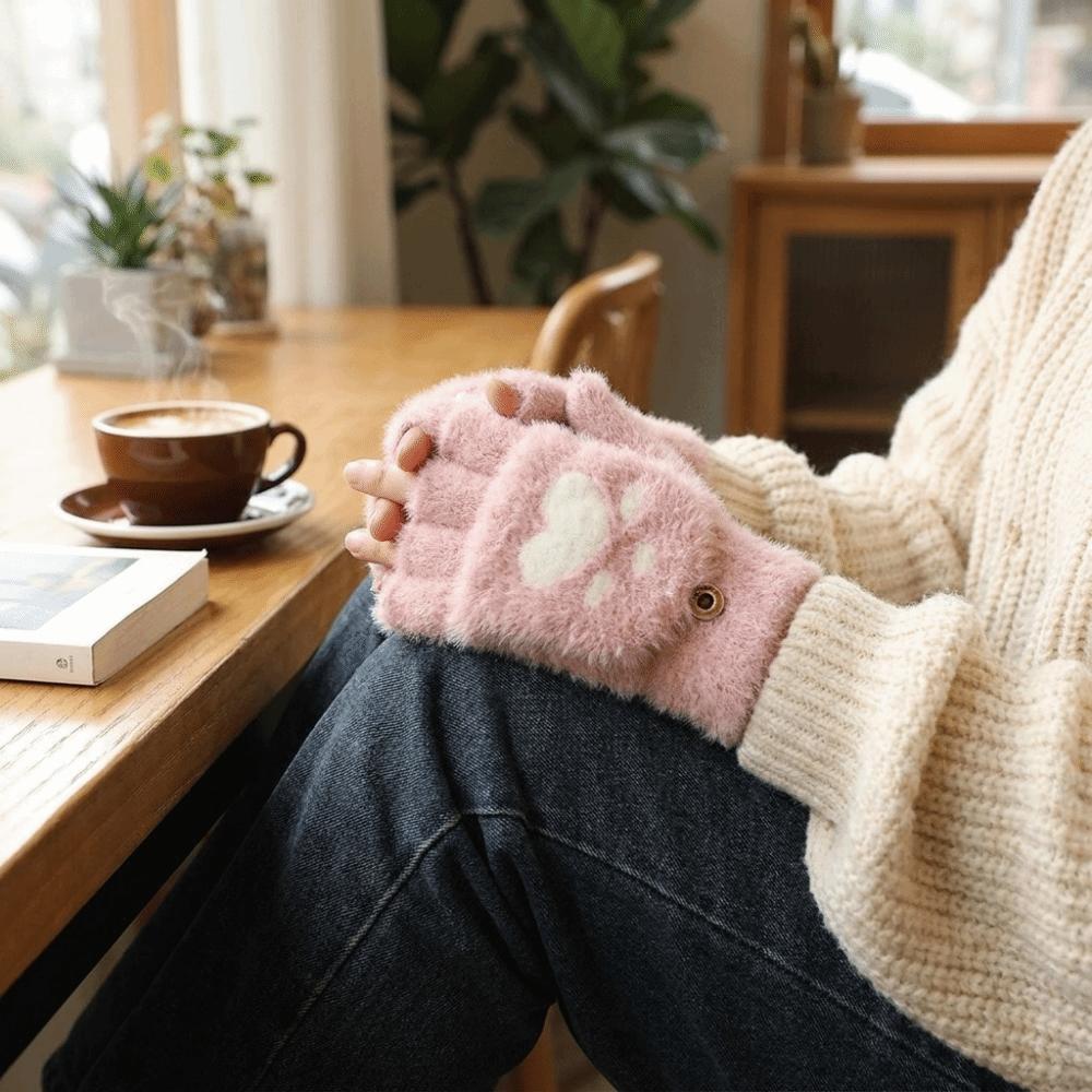 Thicken Cat Paw Gloves Soft Warm Plush Mittens Cartoon Style Half Finger Gloves Adults
