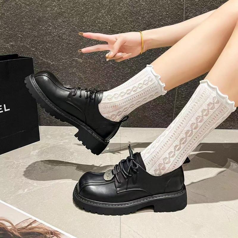 2024 New Women's Lace-Up Women's Shoes Autumn Round Toe Mixed Color Thick Sole Casual and Comfortable Women's Loafers