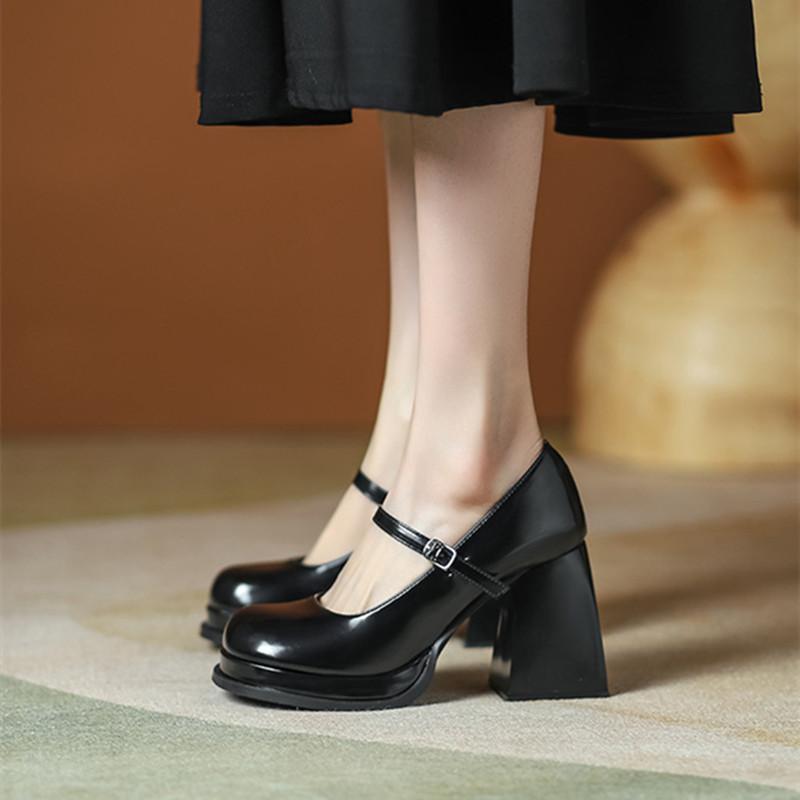Fashion Black Patent Leather Chunky Heel Pumps Women Retro Mary Jane Shoes Comfortable Buckle Strap Casual Leather Heels for Ladies