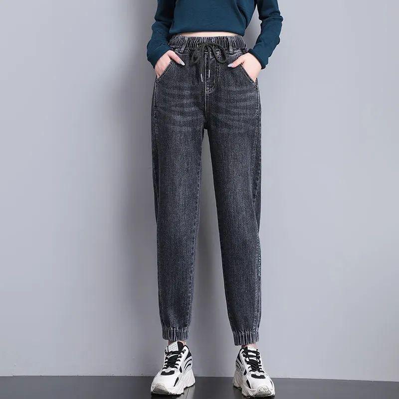 Spring and Autumn Women's High Waist Denim Harlan Pants Loose Elastic Waist Jeans Female Loose Student Casual Ankle Leng Pants
