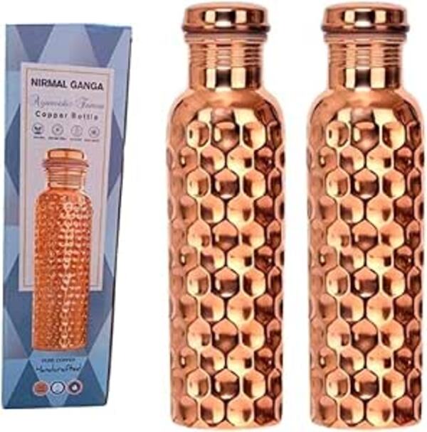 Nirmal Ganga Diamond Design Copper Bottle 1L (Pack of 2) | Pure Copper Water Bottle | Leakproof & Stylish