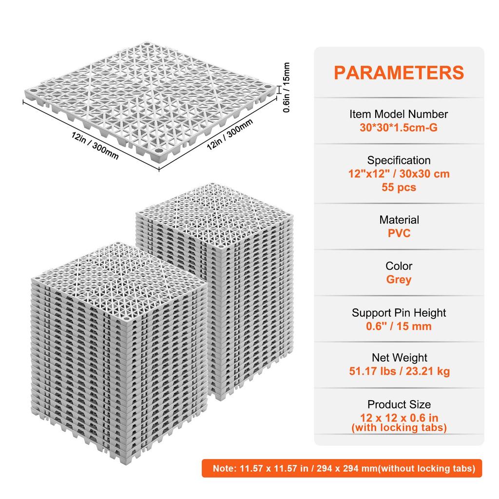 VEVOR Modular Interlocking Cushion, 55 Pack 30 X 30 Cm Splicing Drainage Mats, Soft PVC Interlocking Drainage Floor Tiles