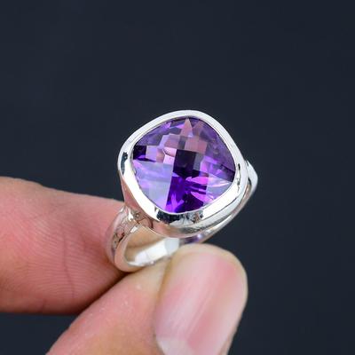 Anello con gemma di ametista naturale sfaccettata in argento sterling 925 massiccio fatto a mano, anello con gemma a forma di cuscino, regalo per donne e ragazze