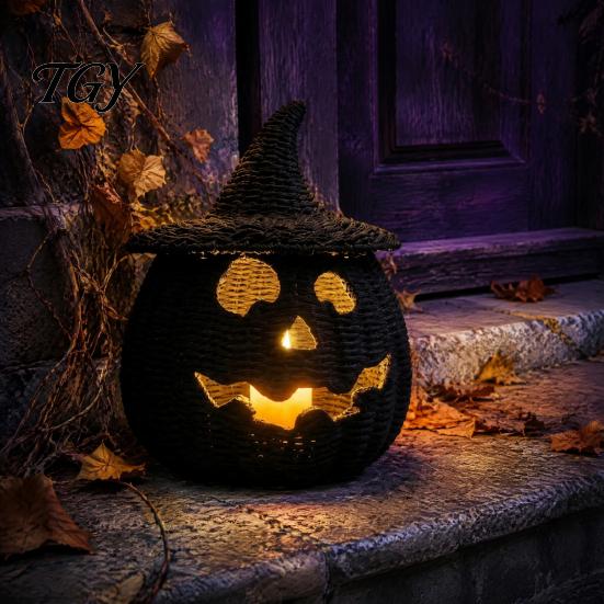 Autumn Table Decoration Halloween Resin Pumpkin Basket, Faux Woven Lantern Ornament, Spooky Gothic Home Decor Black Candy Jar for Tabletop Mantel