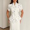 2025 Summer Floral Semi-High Collar Short Sleeve Bodycon Skirt Set