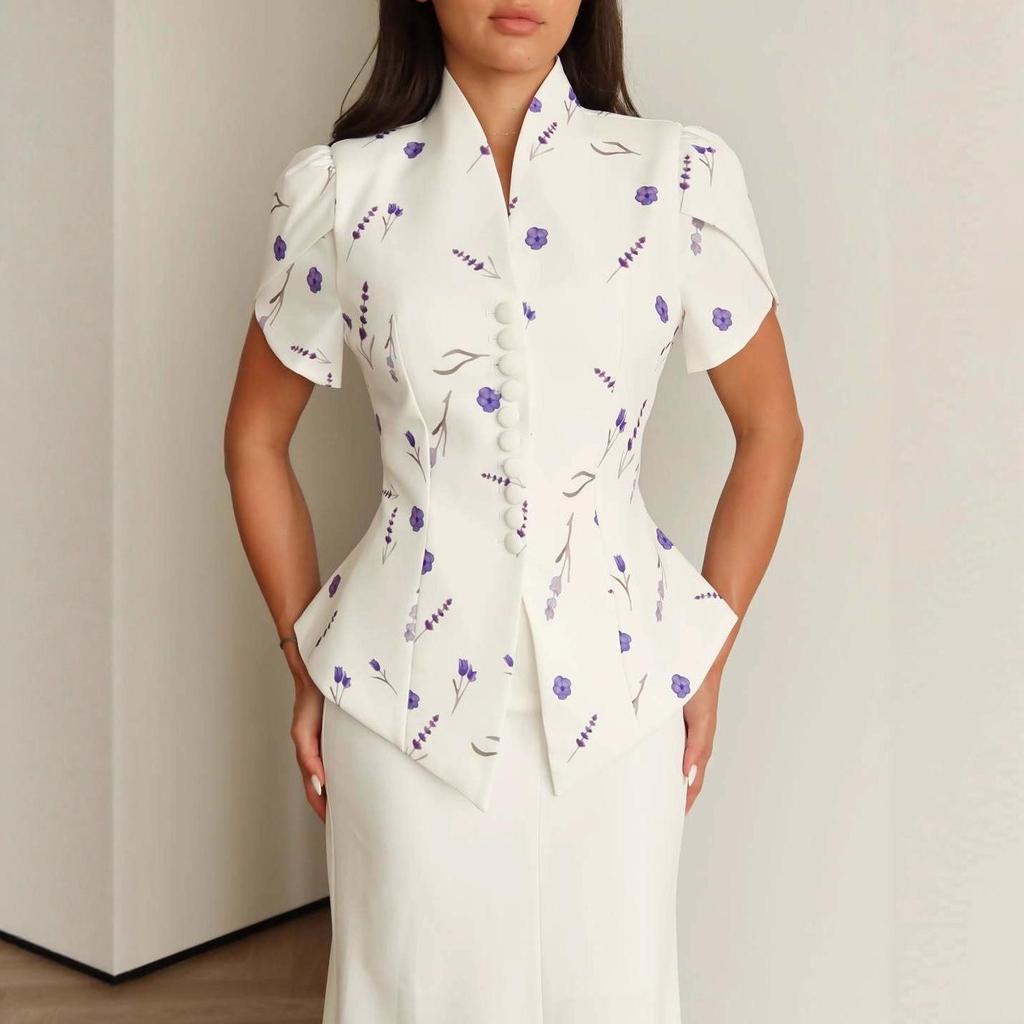 2025 Summer Floral Semi-High Collar Short Sleeve Bodycon Skirt Set
