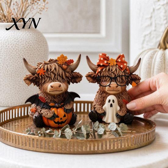 Tierstatue Dekoration 2 Stück Hochlandrind Ornament, Holz Rustikaler Stil Figur, Thanksgiving Handgefertigtes Holzornament Thema Kunst, für Eingang