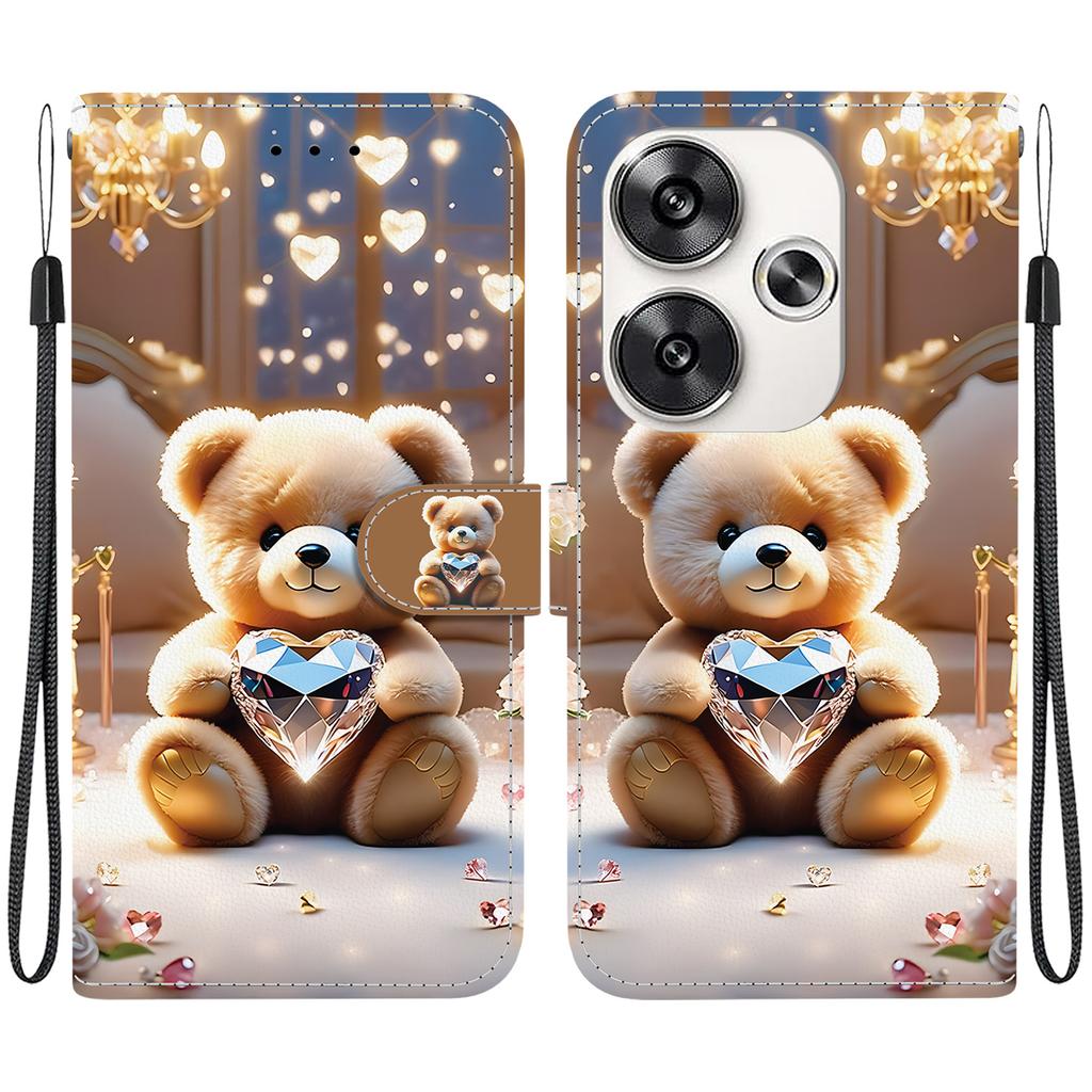 Handmade PU Leather Flip Case for Xiaomi Poco F6 Anti-Slip Shockproof Cover with Wrist Strap & Heart/Rose Cat Designs