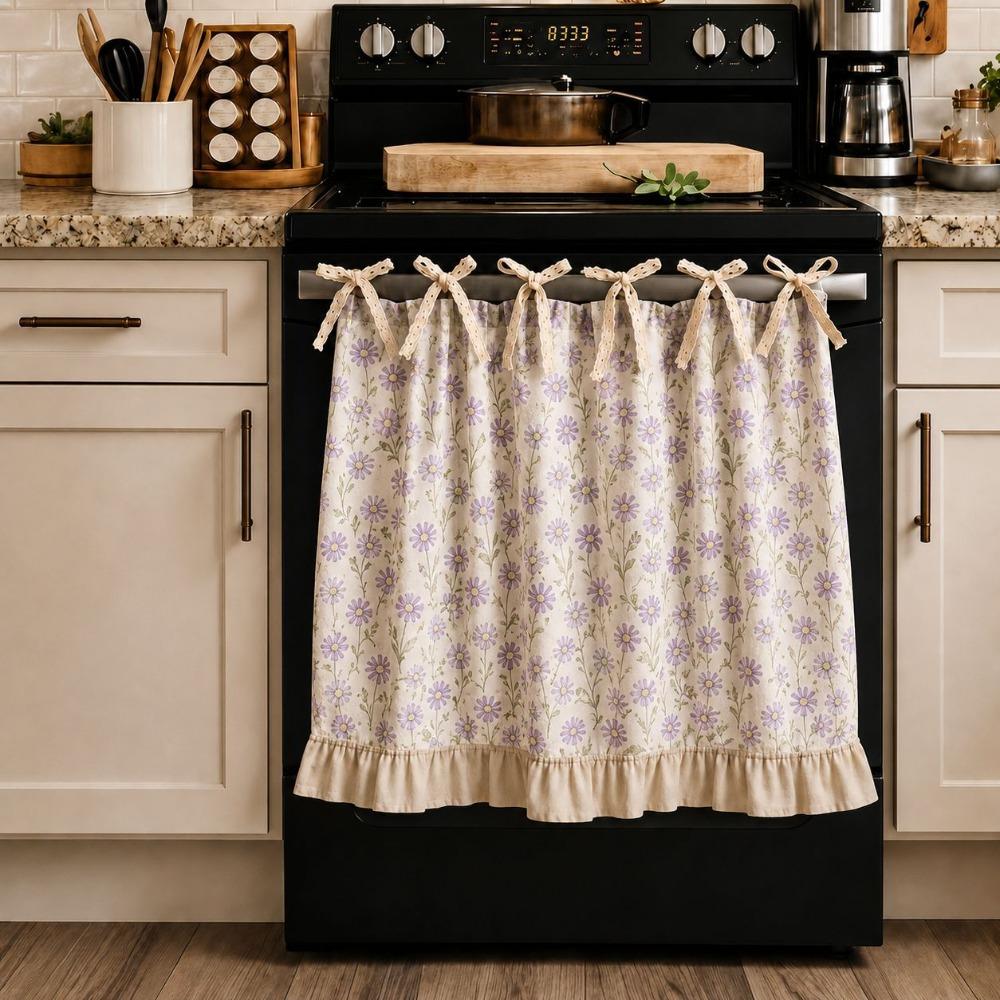 Cotton Linen Blend Bow Tie Oven Cover Curtain Coffee Machine Half Curtain Farmhouse Kitchen