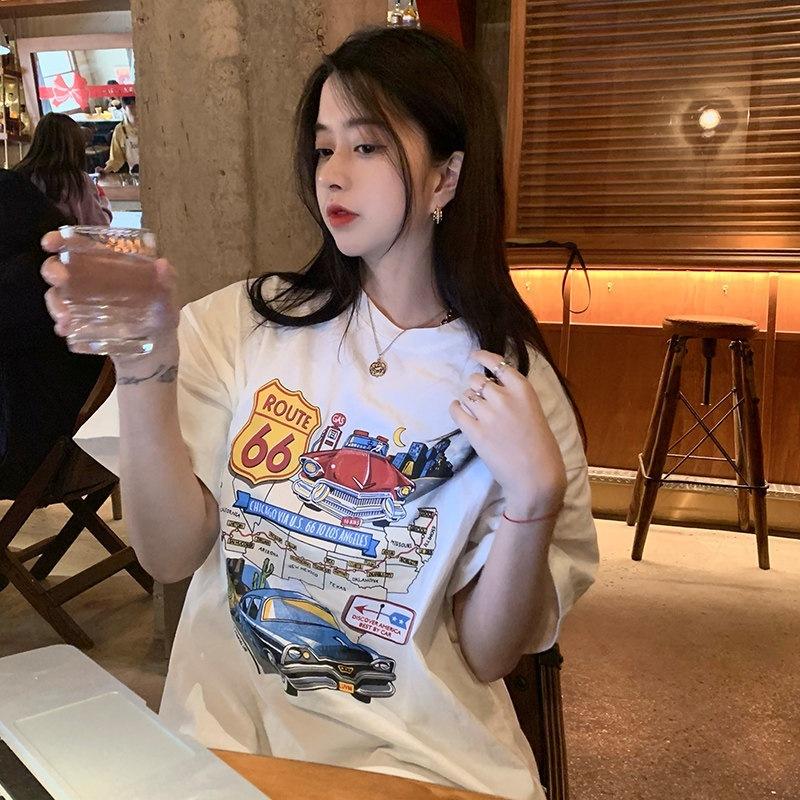 

Pure cotton new American retro car print new loose short-sleeved t-shirt women S белый