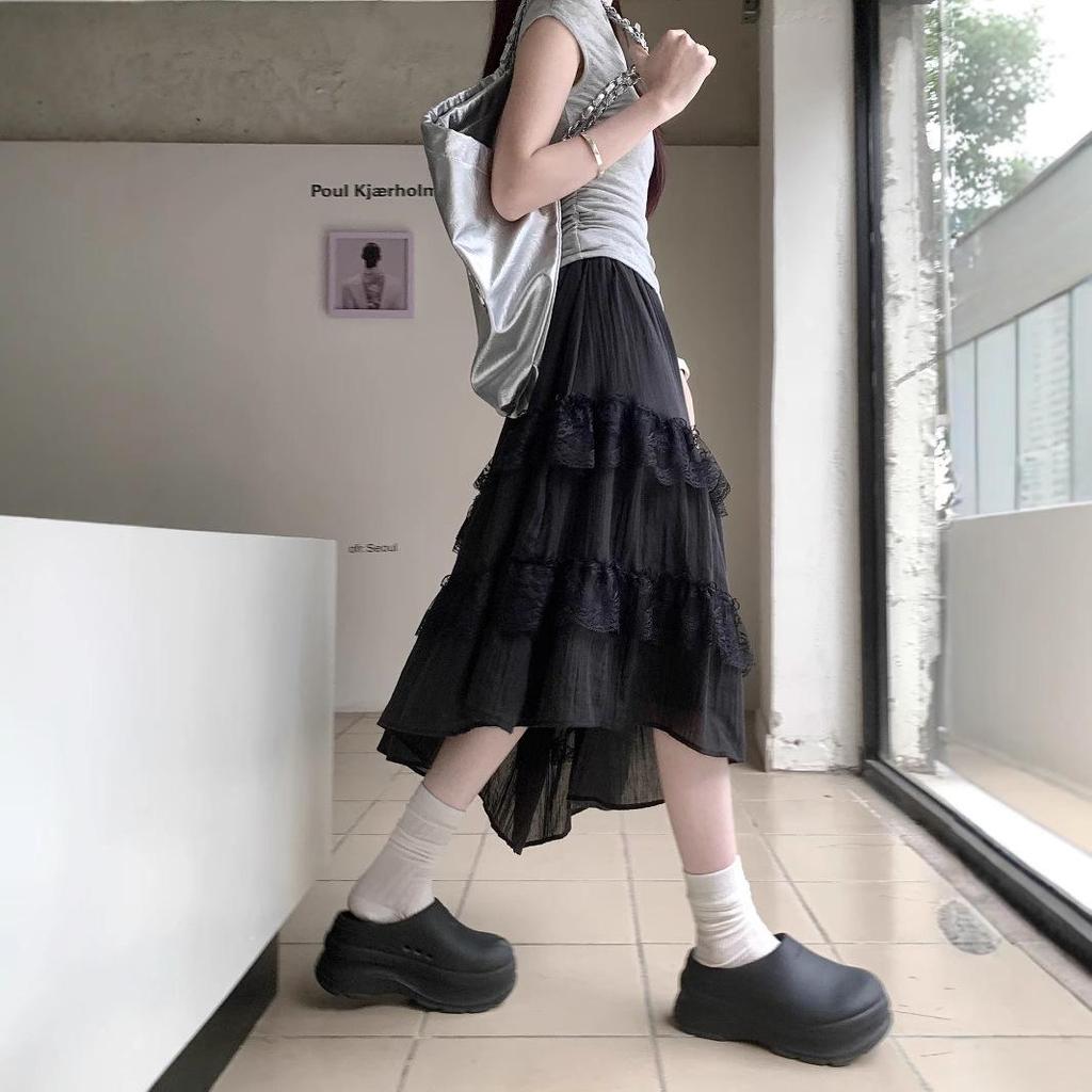 Women's French Patchwork Lace Skirt - Gray, Irregular Harajuku Style for Spring/Summer