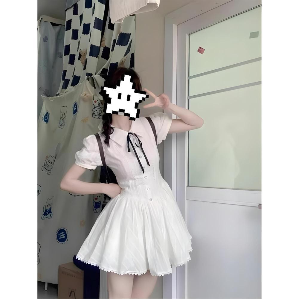 Preppy style white puff sleeve shirt dress women's summer temperament waist small man sweet short skirt