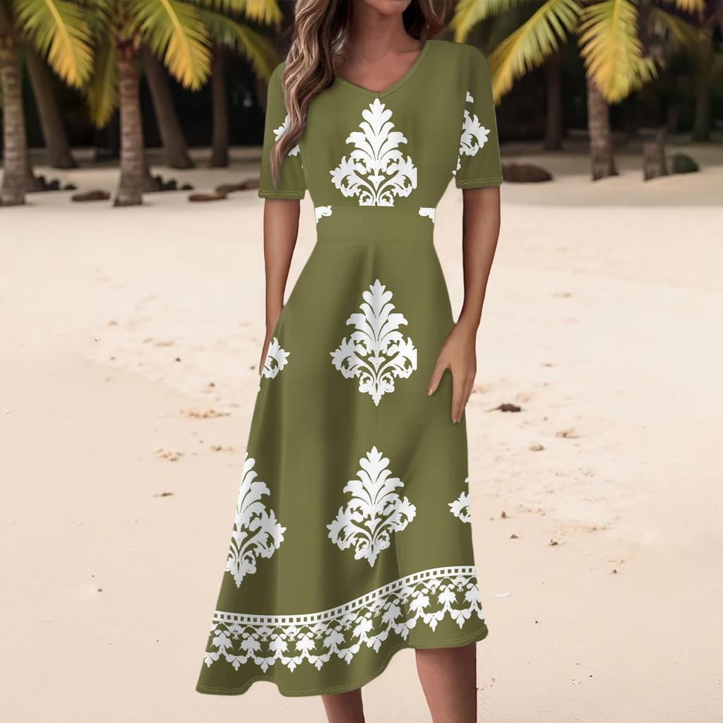 Damen Freizeitmode Retro Bedrucktes V-Ausschnitt Kurzarm Taillenlanges Kleid