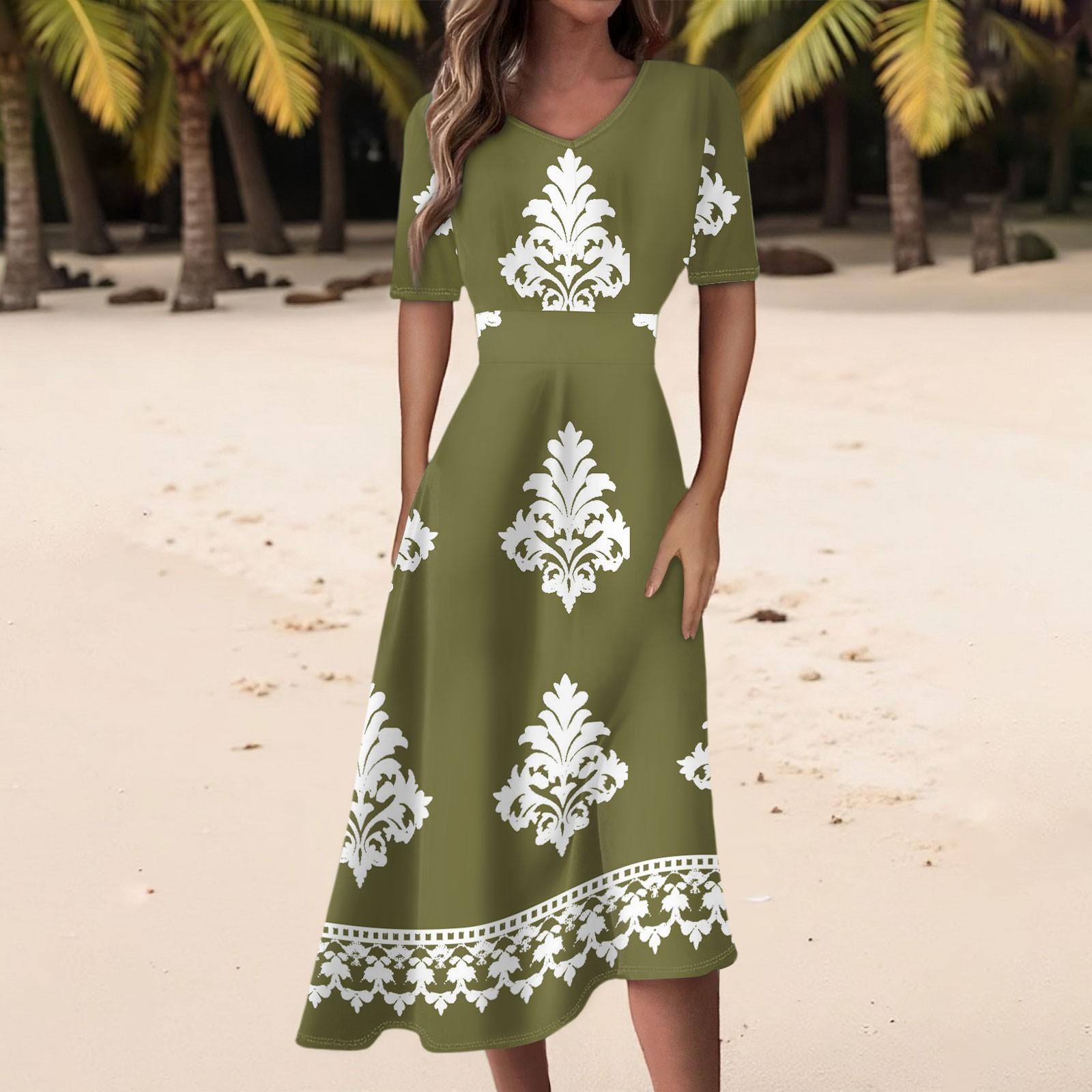 Women s Casual Fashion Retro Printed V-neck Short-sleeved Waist-length Dress L