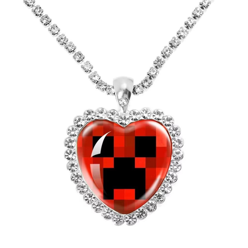 Fun Pixel Block-themed Heart Necklace Accessories, Heart Pendant, Sweater Chain, Rhinestone Necklace