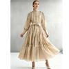 2026 Spring Summer Beaded Lace Patchwork Dress for Women Stand Collar Long Sleeve High Waist Belt Casual Vestidos Pleated Y2k