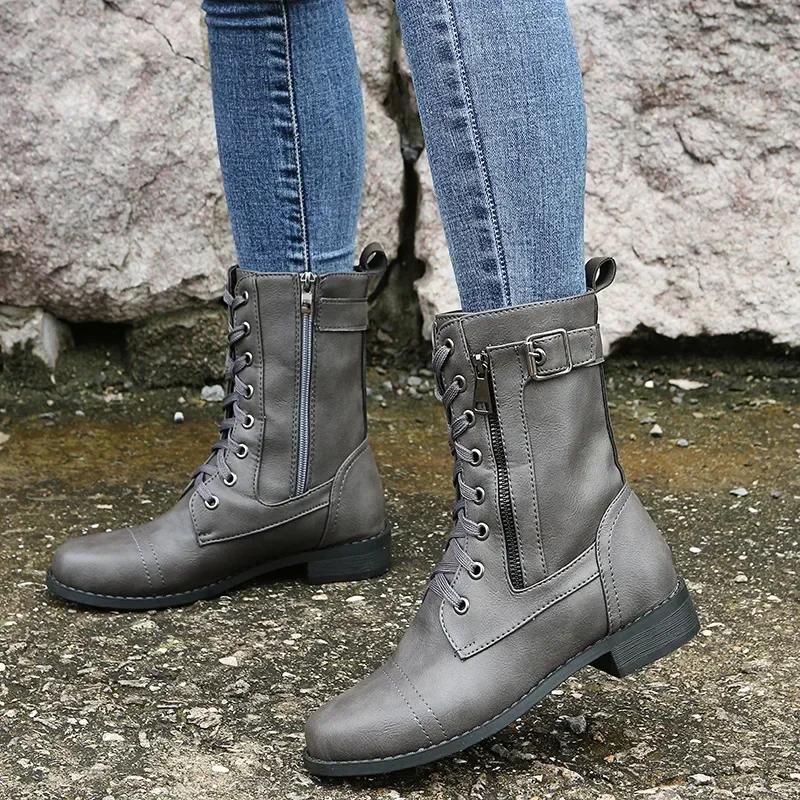 Dámské kotníkové kozačky s hranatým podpatkem podzim zima PU kůže krátké pracovní boty žena nadměrná velikost šněrování elastické botas Mujer