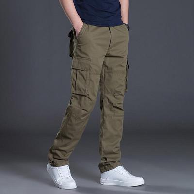 Men's Plus Size Elastic Waist Multi-Pocket Cargo Pants, Spring/Autumn, Straight-Leg, Cuffed Casual Trousers