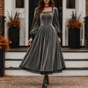 Women's Color Square Neck Long Sleeve Lace Patchwork Evening Dress for Party and Formal Events
