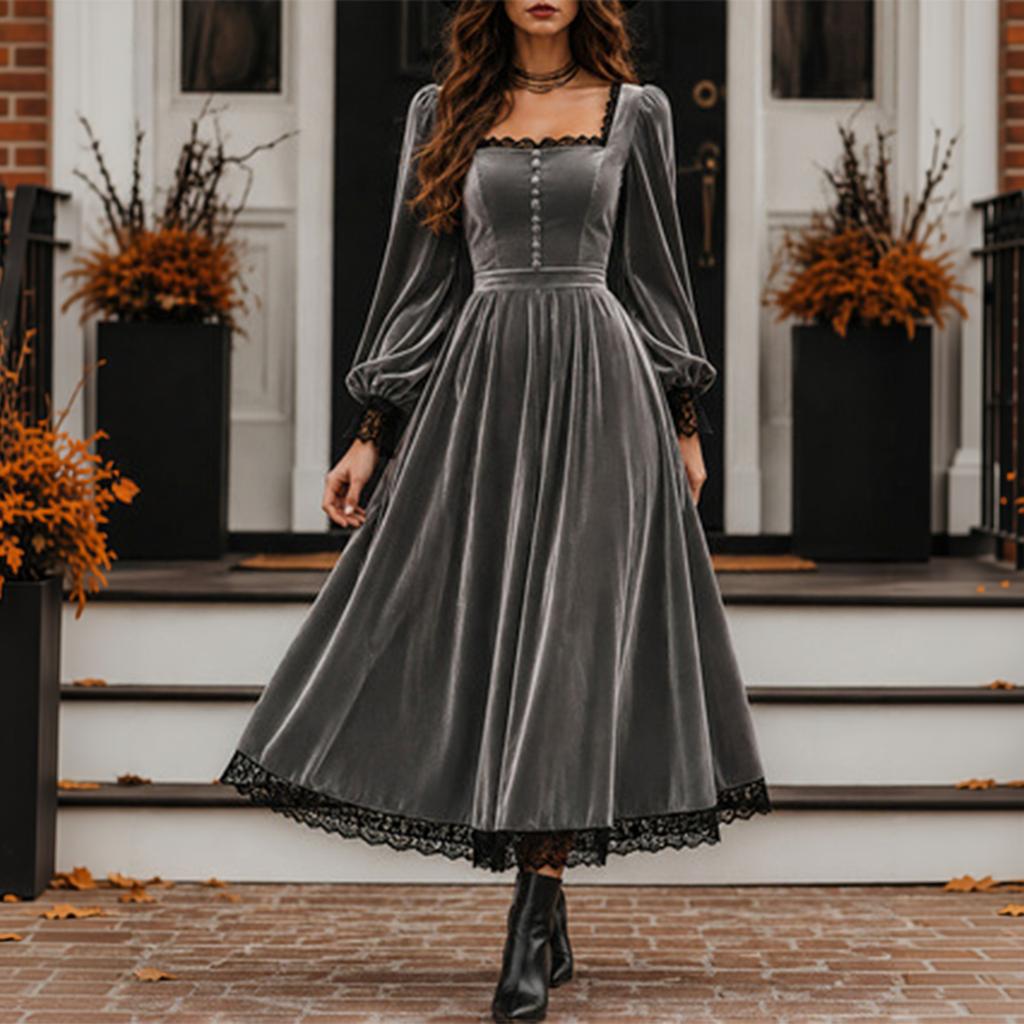 Women's Color Square Neck Long Sleeve Lace Patchwork Evening Dress for Party and Formal Events