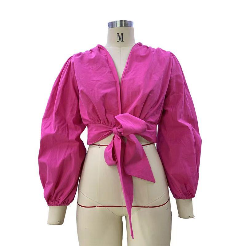 

Fashion Wind Summer Fashion Sexy Long Sleeves Short Tied Top Lantern Sleeve Lace up Top Rose Red L