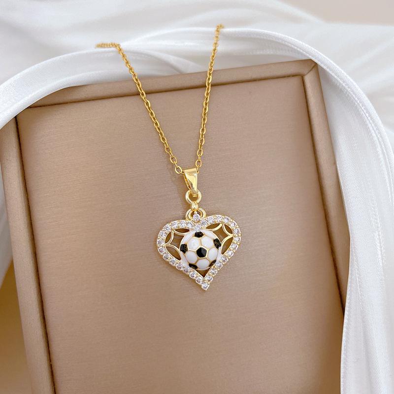 Sporty Creative Zircon Love Heart Soccer Pendant Necklace for Women Girls Stainless Steel Chain Jewelry Accessory Gifts