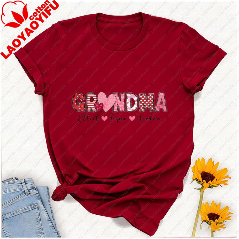 Grandma Day Cotton Shirt Customized with Grandkids Names Personalized Heart TShirt Gigi with Heart Love Tee for Granny Tops
