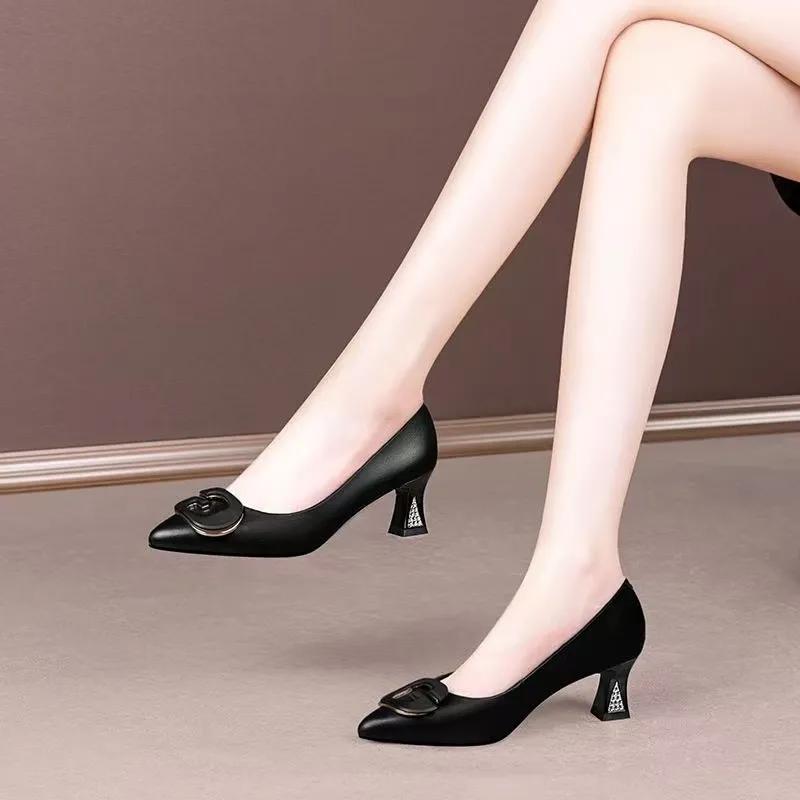 Zapatos Dama Women Light Weigh Green Pu Leather 3cm Low Heel Shoes for Office Lady Party Comfort Black Heels A6691c