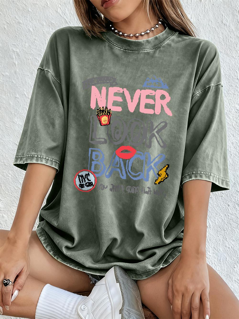 

Never Look Back Printing Washed T Shirts Womens Cotton Oversize Streetwear Distressed ONeck Comfortable Tops Summer Clothes S