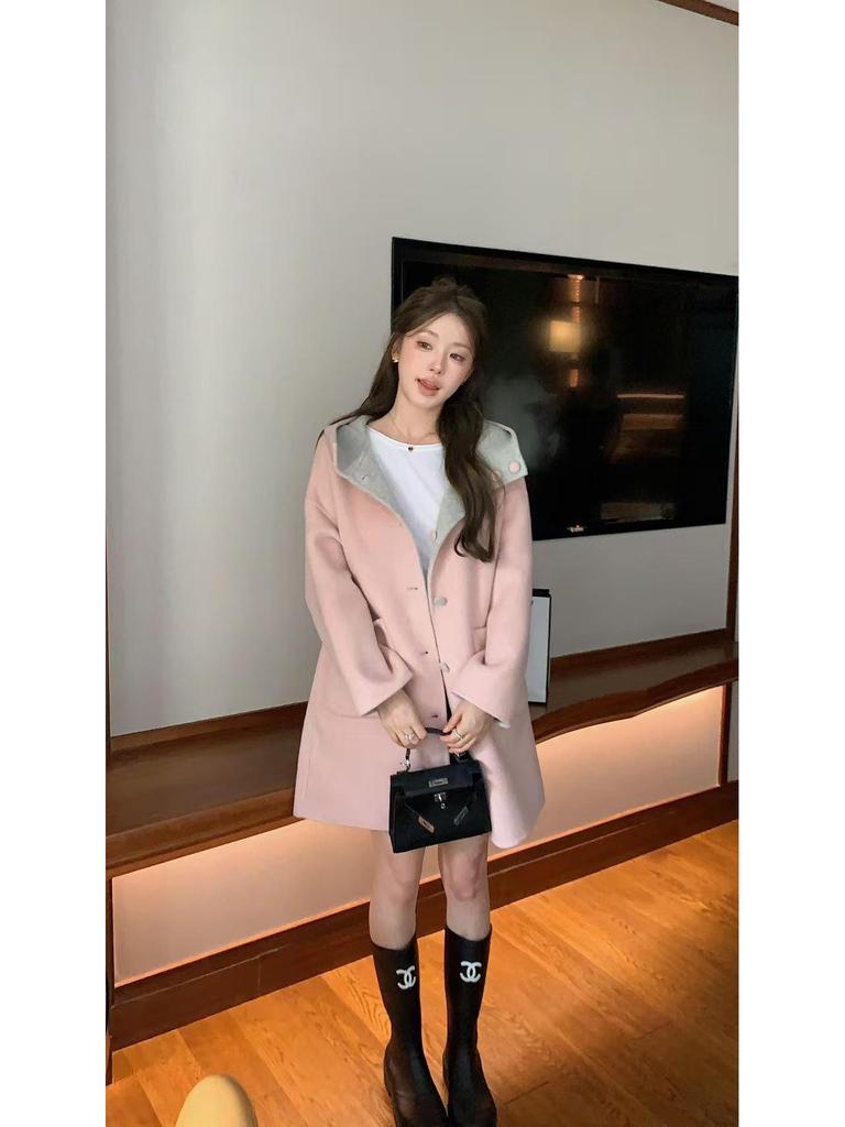 Reversible Korean Style Hooded Long Wool Coat, Light Colors, Thick Double-Faced Wool, Loose Fit, Slimming, High-End Outerwear.