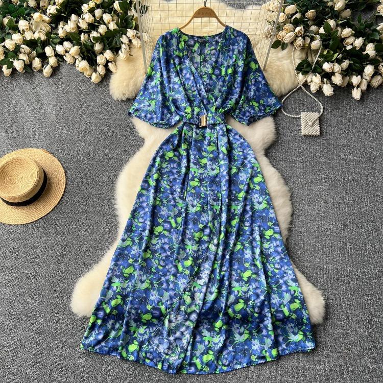 Vintage Elegant V Neck Split Print Short Sleeve Dress Chic Slim A Line Vestidos Summer Vacation Party Women Fashion Dresses
