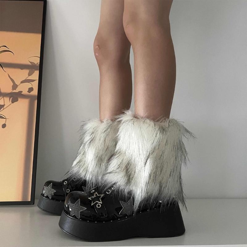 Fuzzy Faux Furs Leg Warmers Furs Heels Long Boots Cuffs Cover Has Elastic One Pair Carnivals Boot Cover Y2K JK Uniform