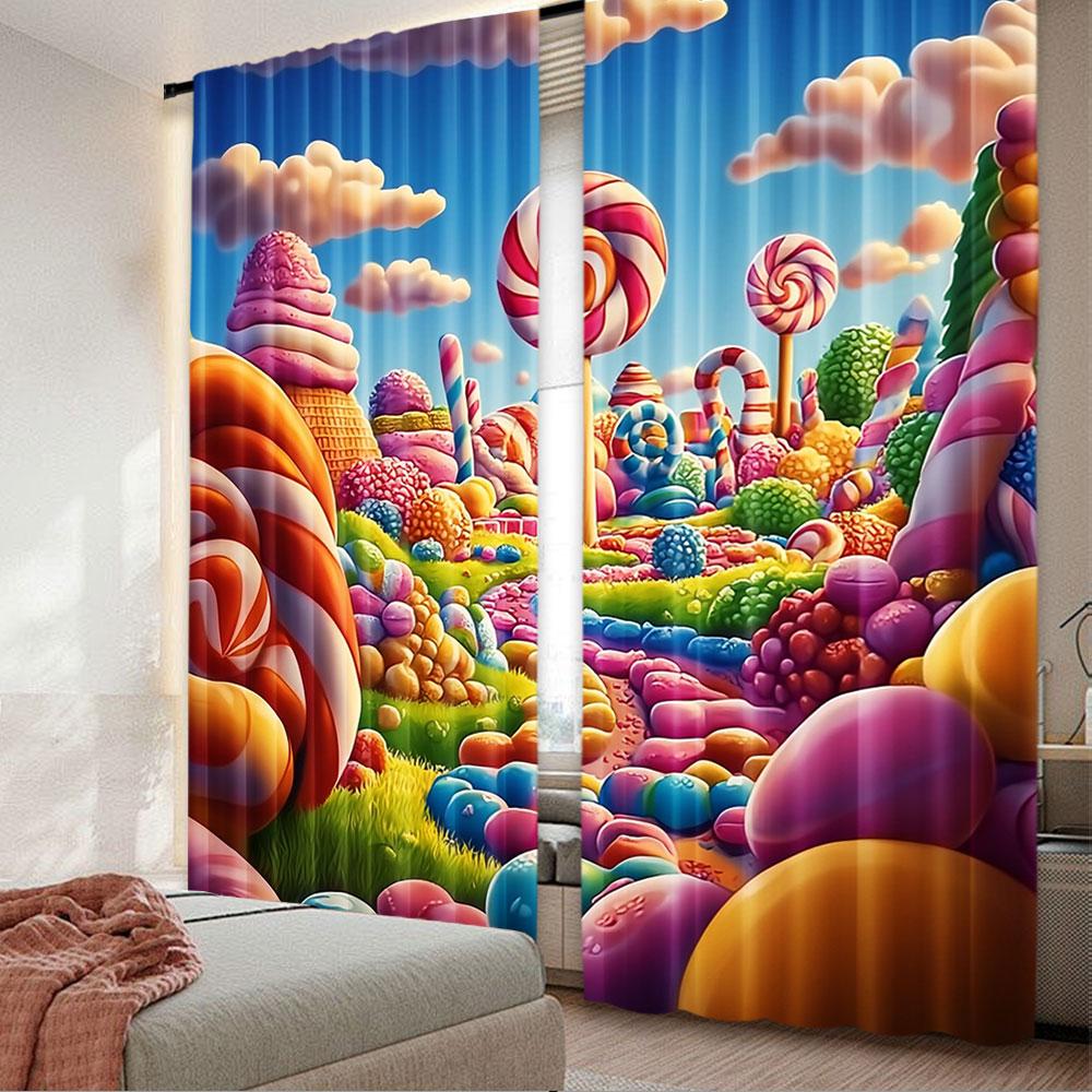 

2Pcs Cartoon Candy Themed Curtain Colorful Window Drapes For Birthday Parties Decor Suitable For Bedroom Living Room A 29x65in(75x166cm)