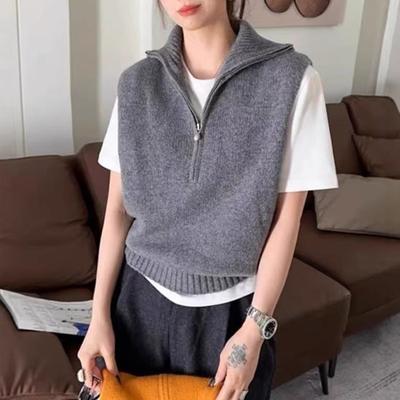 New Solid Color, Minimalist Stand Up Collar, Half Zip, Sleeveless Layered Knit Sweater, Vest, Women's, Outerwear