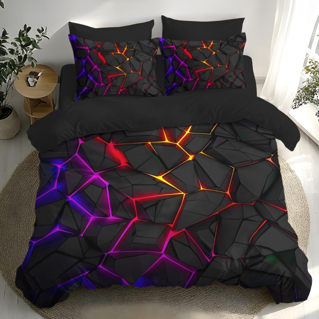 Digital Printing Soft with Soft Fabric Duvet Cover Set, Patern of Colorful Light Shing Through Black Rocks, It Uses a 3D Ultra-Soft Brushed, 3Pcs