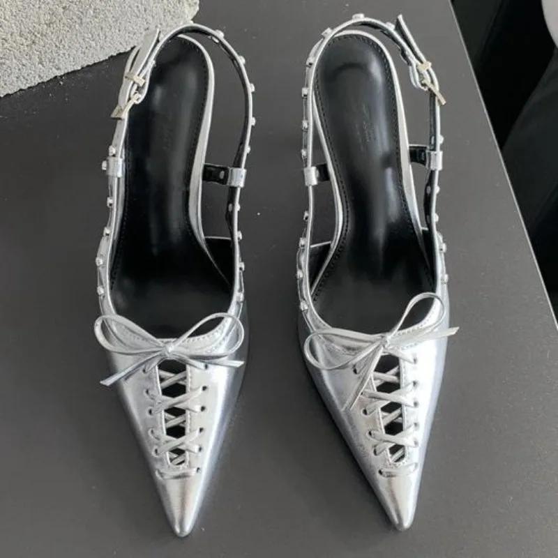 Fashion Design Rivets Back Buckle Strap Women Pumps Hollow Out Lace Up Pointed Toe Low Thin Heels Mules Sandalias De Mujer Shoes