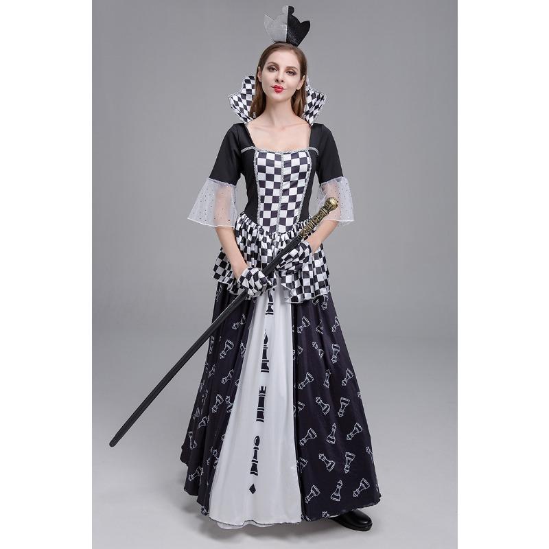 New Halloween Costume, Masquerade, Poison Queen, Black and White Clown Dress Costume