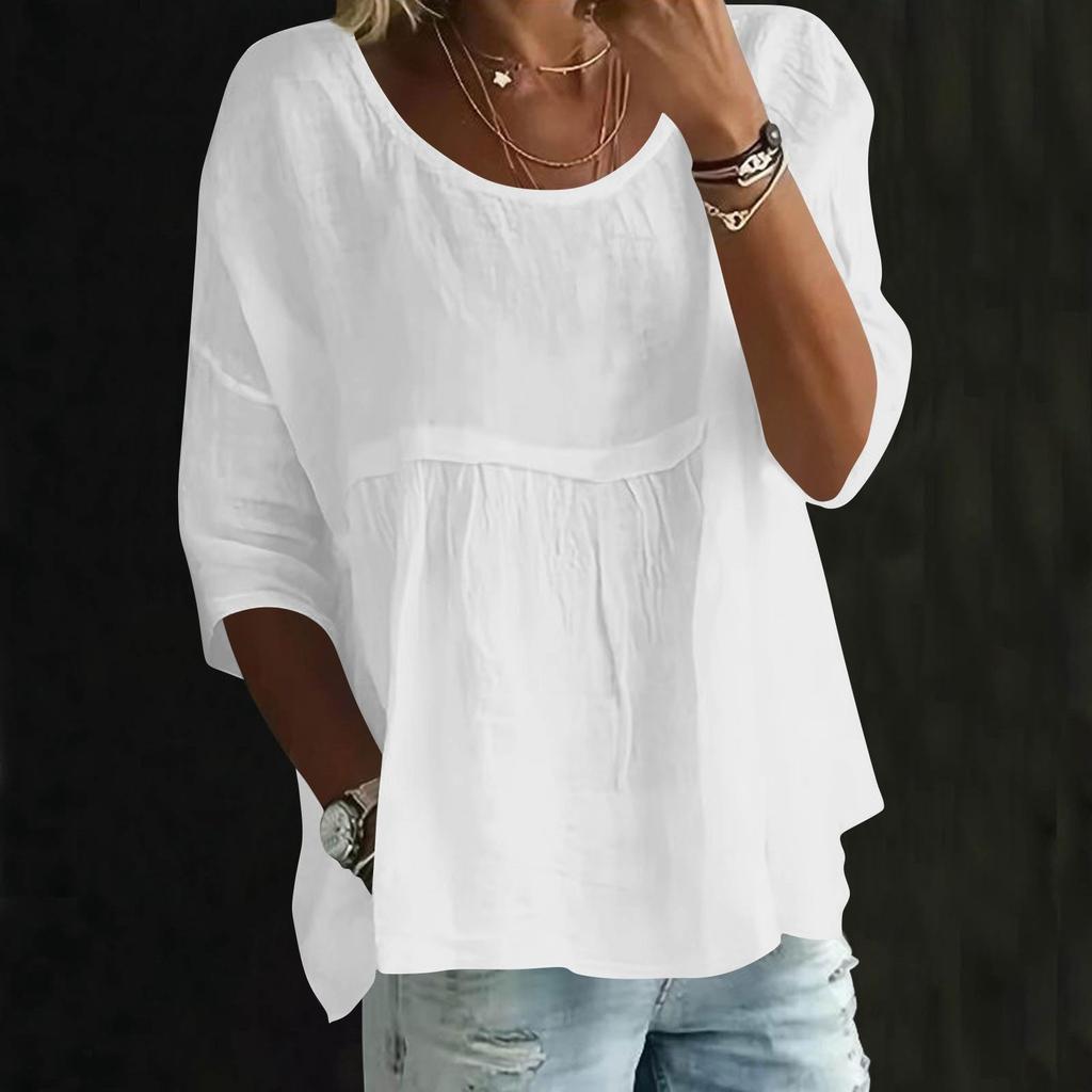 Womens Fashionable Solid Color Round Neck Three-quarter Sleeve Loose Round Neck Top