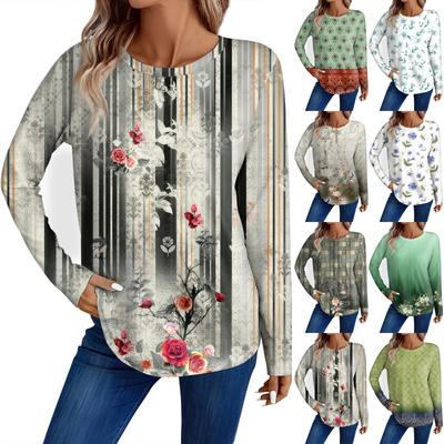 Women's Fashion Casual Long Sleeve Floral Print Round Neck  Top
