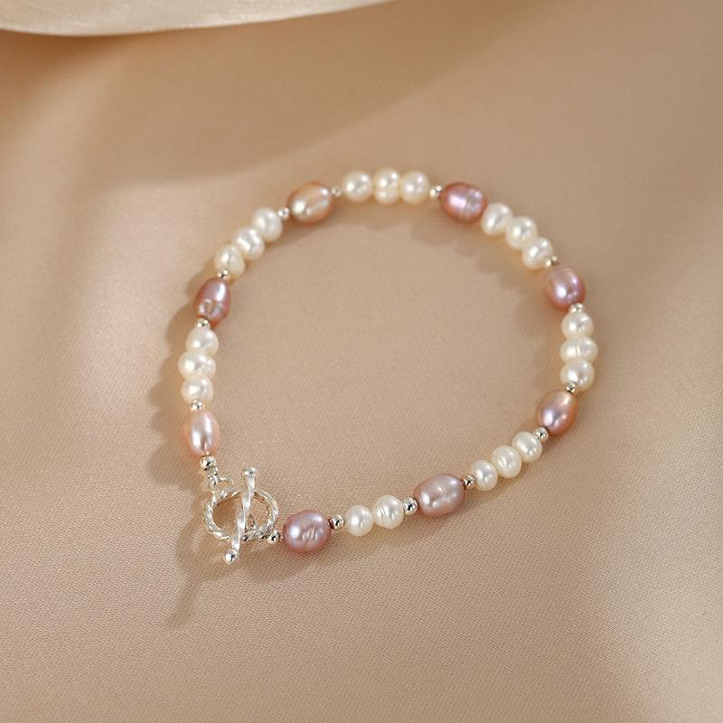 Розово-фиолетовый браслет из натурального жемчуга Французский изысканный браслет с OT-застежкой Летний плетеный жемчужный браслет
