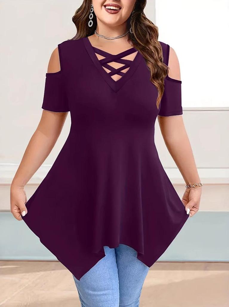 V-Neck Off-Shoulder Strap Short-Sleeve Plain Women's T-Shirt Top