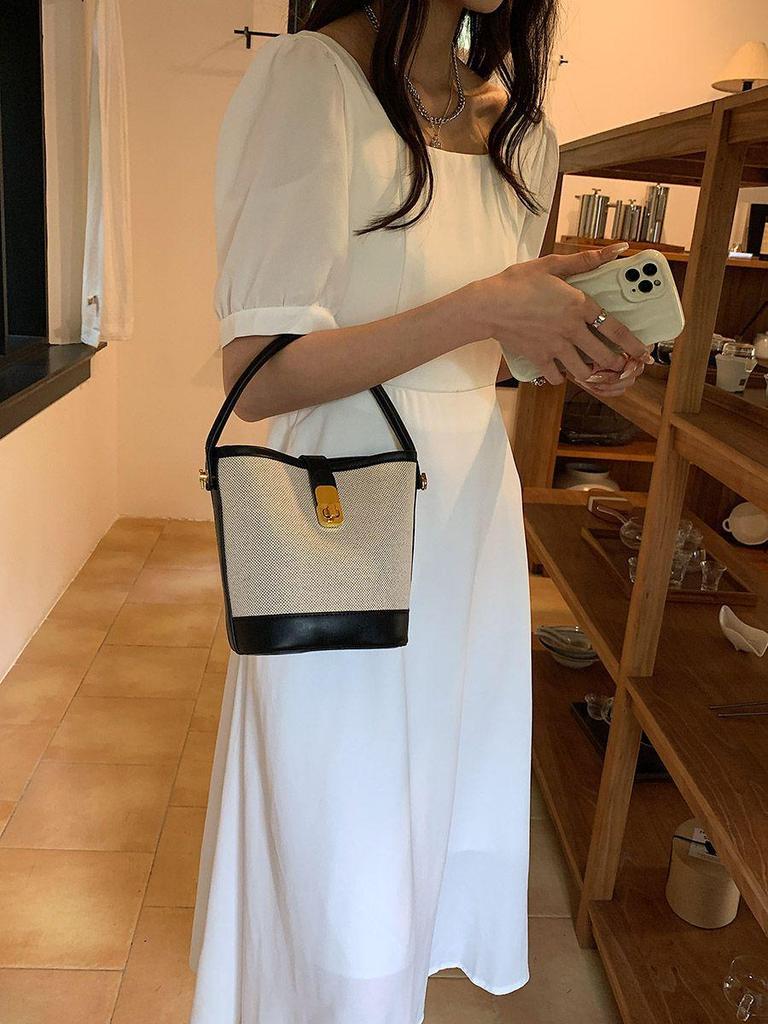 2025 Damen Retro Color Block Canvas Bucket Bag – Modische, vielseitige Pendler-Umhänge-/Crossbody-Tasche