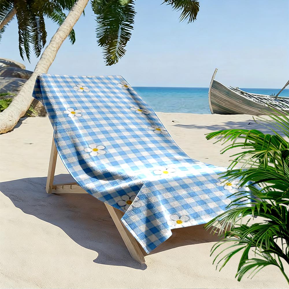 Blue Checkered Daisy Pattern Beach Towel quick-drying for travel outdoor sports jogging beach and swimming