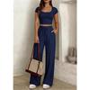 Women's 2-piece Square Neck Short Sleeved Crop Top&high Waist Wide Leg Pants Casual Set