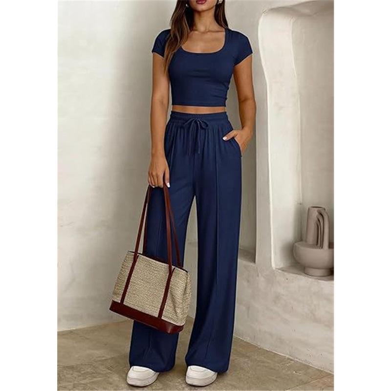 Women's 2-piece Square Neck Short Sleeved Crop Top&high Waist Wide Leg Pants Casual Set