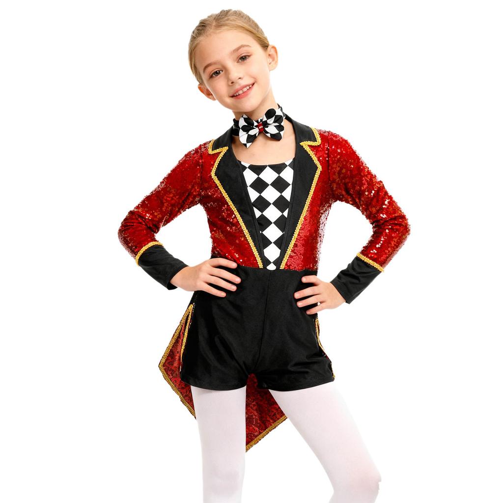 Unisex Kids Circus Magician Costume Long Sleeve Sequins Checkerboard Tailcoat Bodysuit Bow Tie Cosplay Outfit