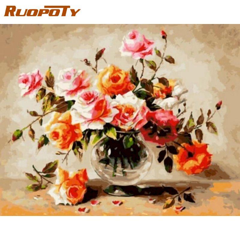 RUOPOTY Frameless Hand Painted DIY Digital Painting by Numbers Flowers Canvas Painting Kits Acrylic Wall Art Home Decor