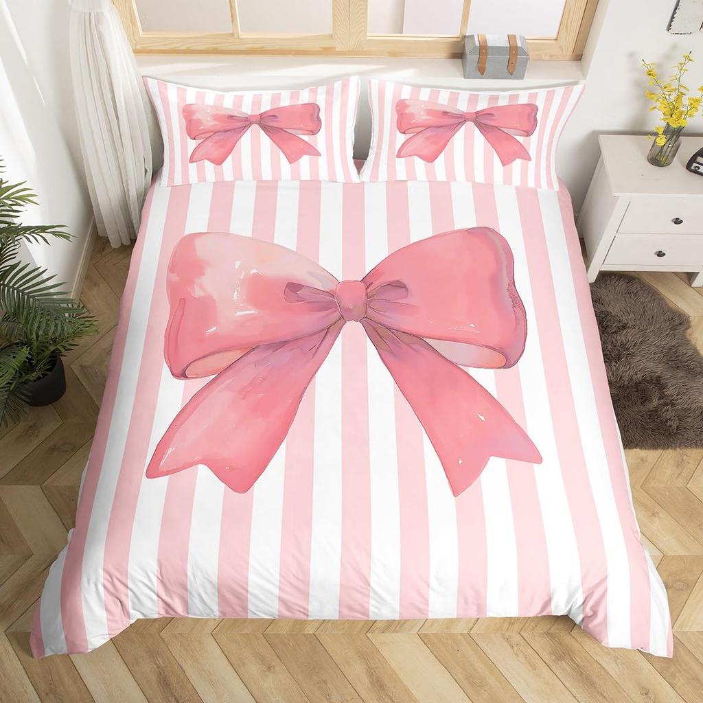 Pink Bowknot Duvet Cover Set Dreamy Princess Style Women Girl Soft Microfiber Bedding Set Pink Floral Queen King Comforter Cover