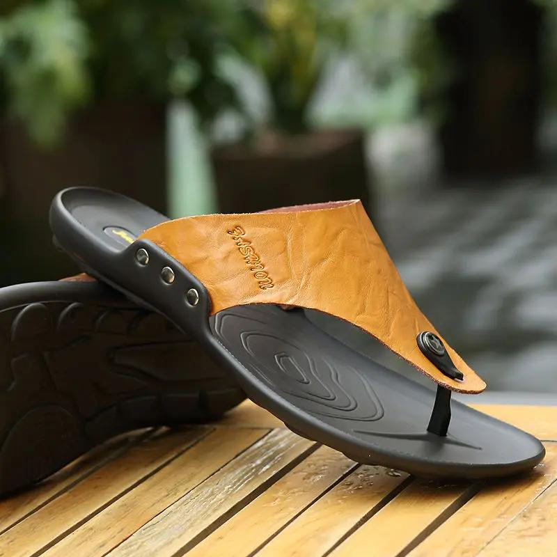 Fashion Men's Shoe Flat Outdoor Beach Leather Shiatsu Male Slipper Slides Flip Flops Original Y2k 2025 Style Cheap Shoes Liquidation Fun
